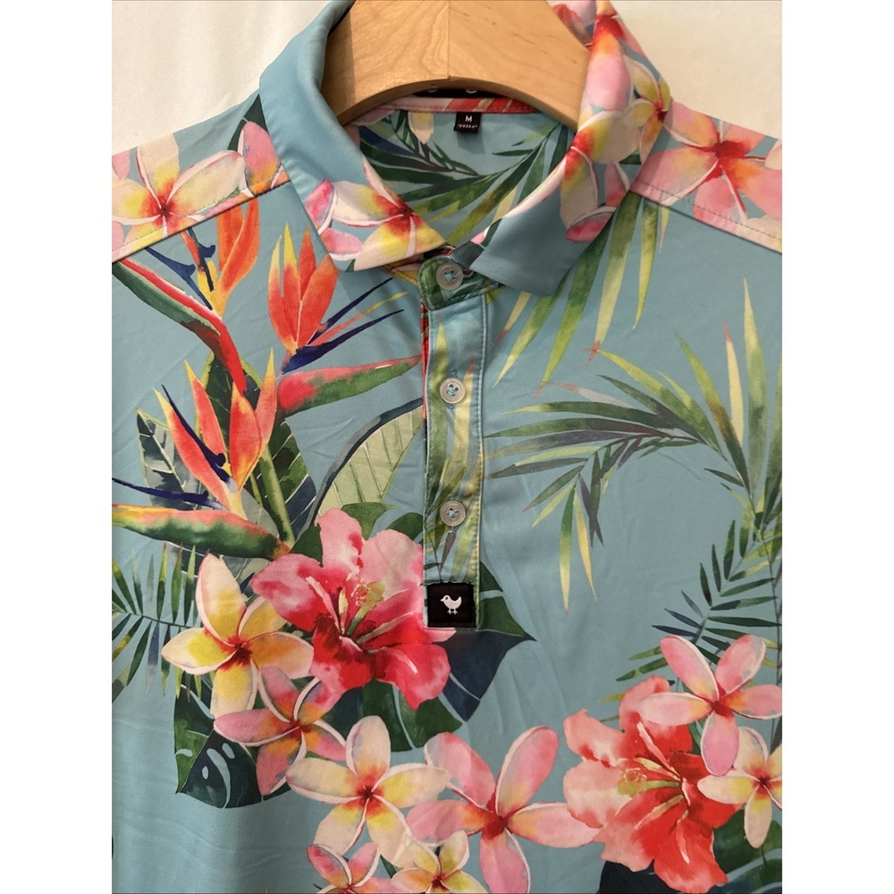Bad Birdie Shirt Mens Polo Med Blue Floral Hawaiian AOP GOLF Stretch